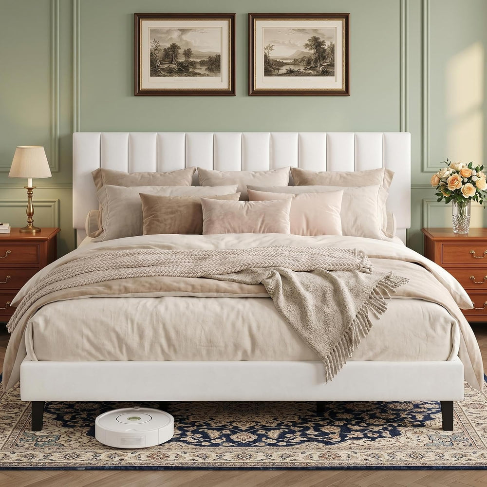 IDEALHOUSE King Size Velvet Upholstered Bed Frame, White