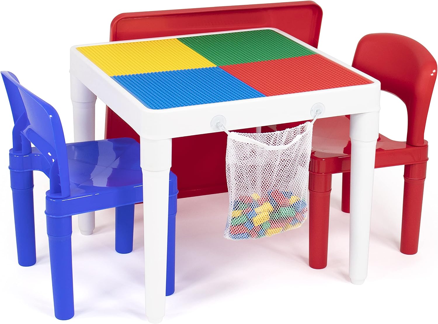 Humble Crew Kids Activity Table and 2 Chairs Set, White/Blue/Red - 2-in-1 Toddler Play Table Building Blocks Compatible - Premium Children’s Table and Chair Set for Arts, Crafts, Reading and More