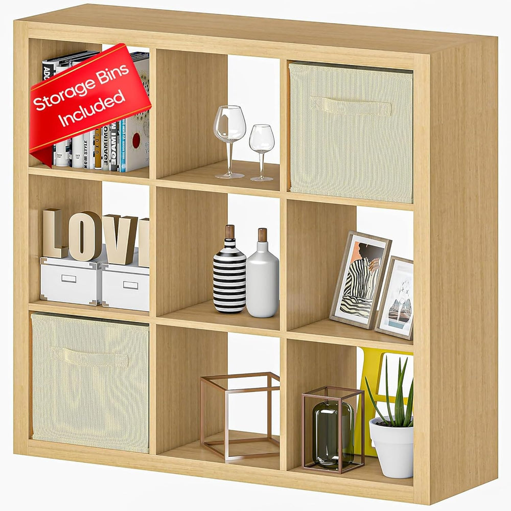 Bookshelf with Storage Bins, 9-Cube Storage Organizer Sturdy Wooden Bookcase ...