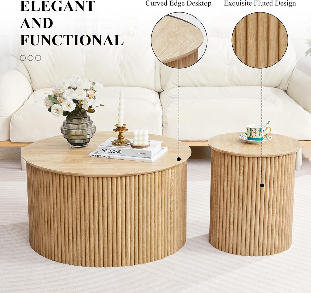 Fluted Round Nesting Coffee Table Set of 2 Circle Center Tables Living Room |...