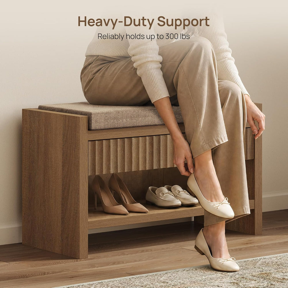 SICOTAS Fluted Shoe Bench with Cushion & Drawer for Entryway, Caramel Oak...