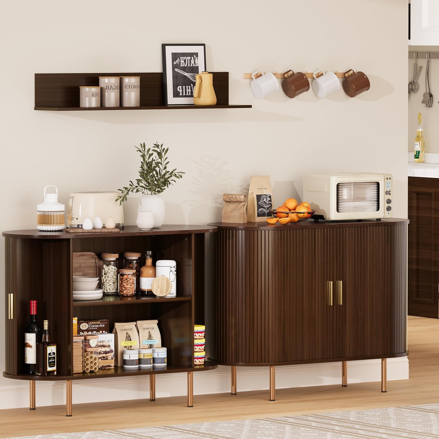 Sideboard Buffet Cabinet with Storage, 40 Inch Mid Century Modern Fluted Credenza with Sliding Door & Adjustable Shelf, Coffee Bar Cabinet for Kitchen, Living Room, Entryway