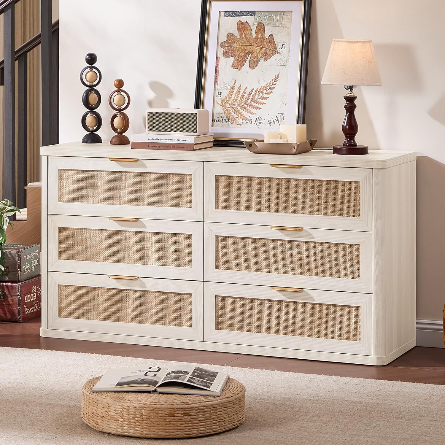 LEYAOYAO Rattan 6 Drawer Dresser for Bedroom, Boho 54" Wide White Dresser Chest of Drawers, Dressers TV Stand with Metal Handle, Storage Dressers Closet Organizer for Living Room, Hallway