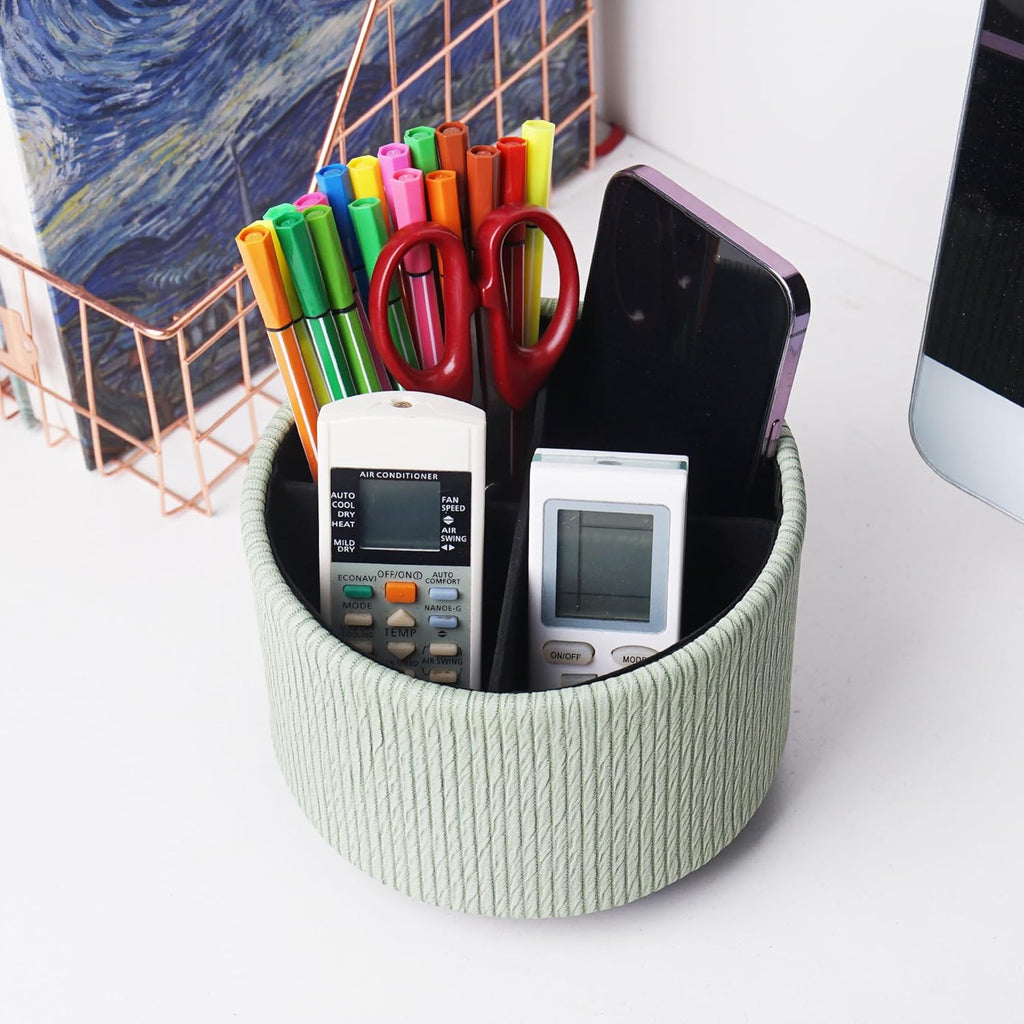 Round Leather Art Supply Organizer,Remote Control Holder,360 Degree Spinning,Multi-Functional Pencil Holder,4 Compartments Desktop Stationary Organizer(1-Wood Green2)