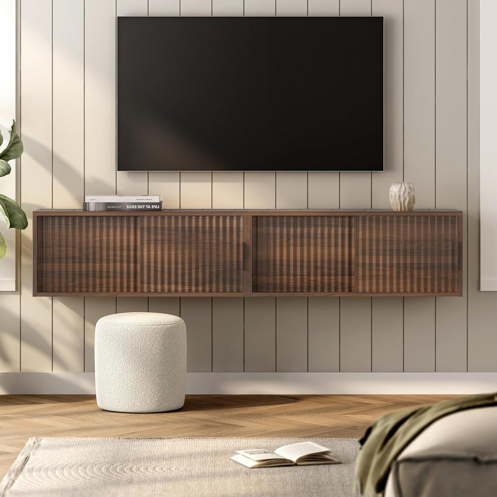 Fluted Floating TV Stand, 30" Multi-Purpose TV Display Shelf Modern Console Entertainment Center Cabinet with Sliding Doors for Bedroom Living Room Entryway, Brown