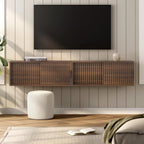 Fluted Floating TV Stand, 30" Multi-Purpose TV Display Shelf Modern Console Entertainment Center Cabinet with Sliding Doors for Bedroom Living Room Entryway, Brown