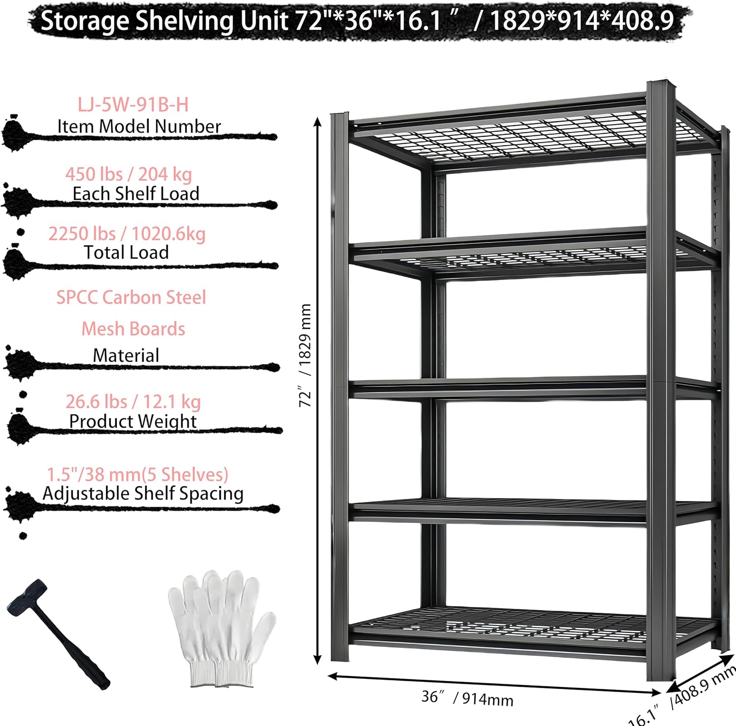Storage Shelving Unit Height Heavy Duty Garage Shelves Metal Utility Rack for Kitchen Pantry Basement Pantry Warehouse Laundry Black 72" H x 36" W x 16.1" D