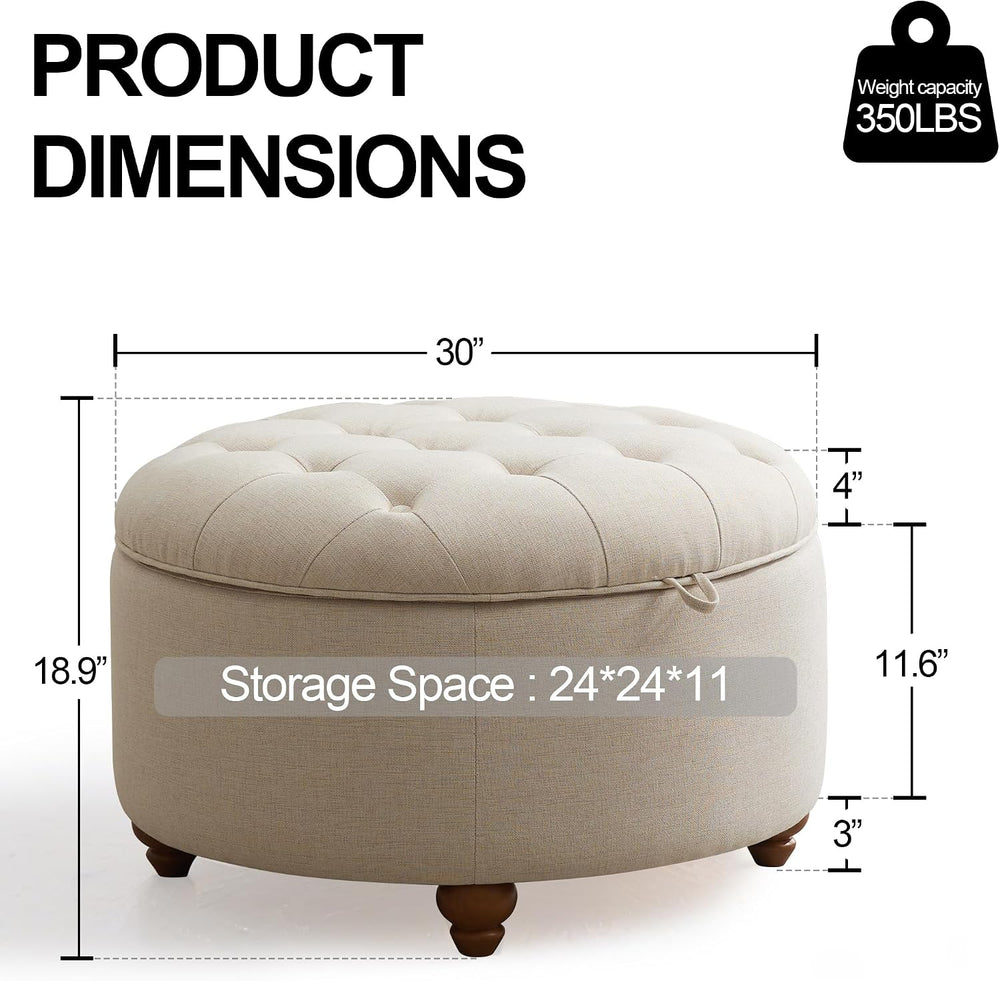 30'' Round Ottoman Coffee Table with Storage, Upholstered Tufted Otto...