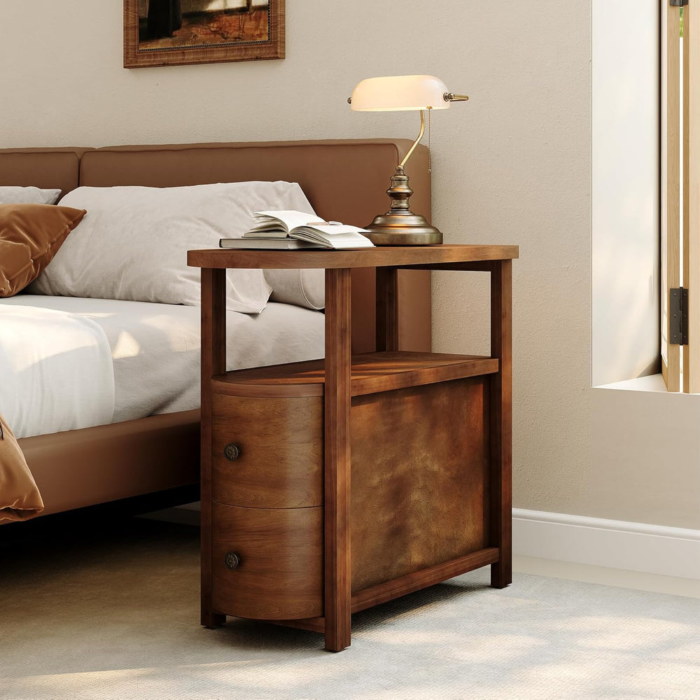 LITTLE TREE Solid Wood End Table with 2 Drawers & Open Shelf, No Assembly...