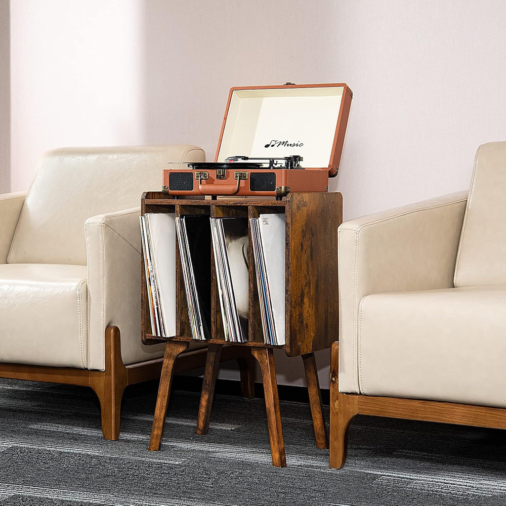 LELELINKY Small Record Player Stand, 4 Cabinet Vinyl Storage Table, Brown | W...