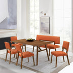 Armen Living Channell Mid Century Modern 6 Piece Walnut Wood Dining Table Set with Bench in Orange Fabric