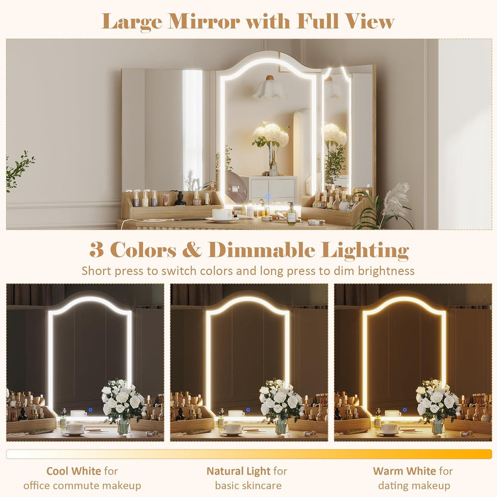 Corner Vanity Desk with 3 Way Mirror & LED Lights, Makeup Table Set with ...