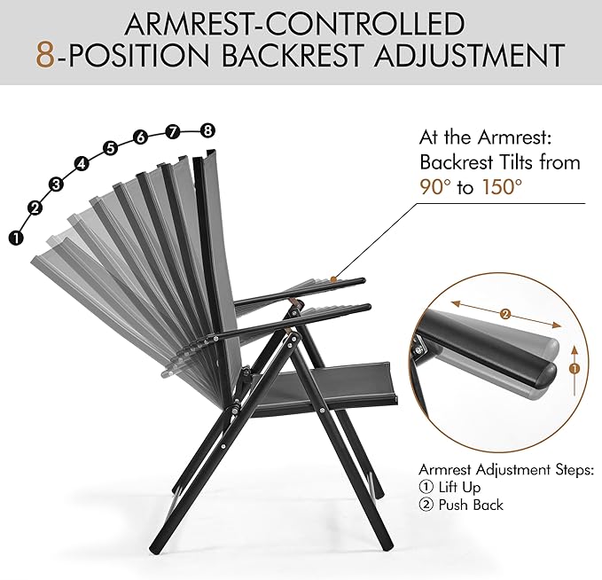 Yaheetech Patio Folding Dining Chairs Set of 2, Stackable Outdoor Lawn Chairs with 8 Adjustable Back Positions and Armrest for Garden, Lawn, Yard and Beach, Dark Gray