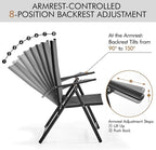 Yaheetech Patio Folding Dining Chairs Set of 2, Stackable Outdoor Lawn Chairs with 8 Adjustable Back Positions and Armrest for Garden, Lawn, Yard and Beach, Dark Gray