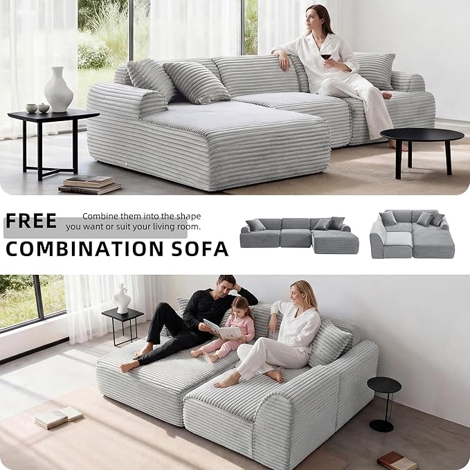 Modular Floor Sofa, Cozy Corduroy Sectional Couch with Fully Washable Covers, Frameless L Shaped Couch for Living Room, Family & Pet Friendly Lounge, No Assembly(Light Gray,Left Facing Chaise)