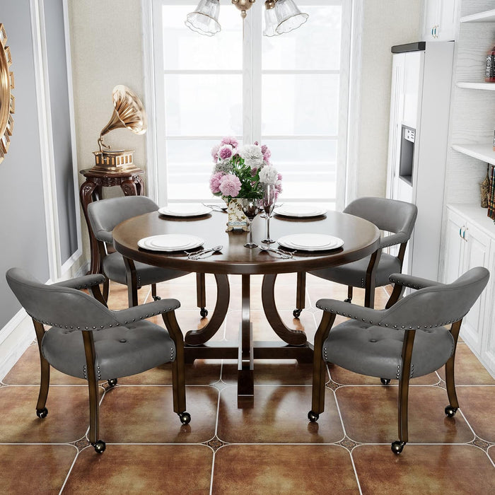 Set of 4 Dining PU ArmChairs with Casters, Charcoal Gray, No Table