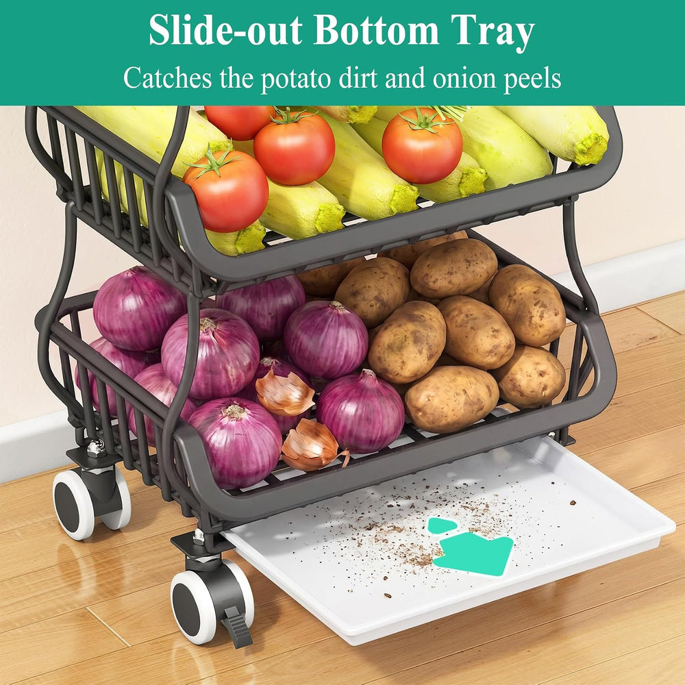 SAYZH 4-Tier Fruit and Vegetable Basket Stand for Kitchen, Wood Top, Black | ...
