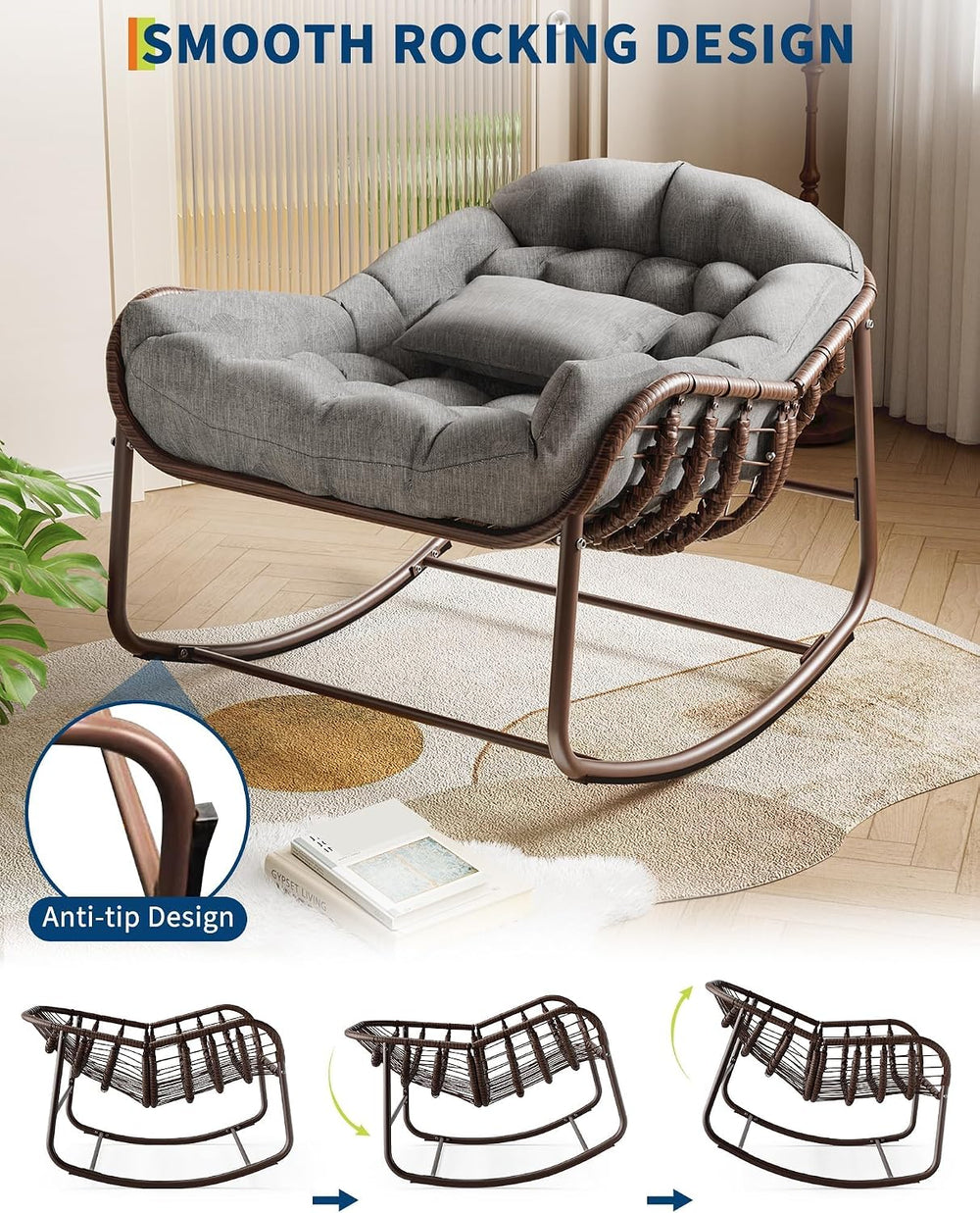 Oversized Papasan Rocking Lounge Chair with Neck Pillow, Hand Woven Rattan Ro...