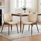 Garvee Dining Chairs Set of 4, Mid-Century Modern Upholstered Retro PU Leather Kitchen Chairs with Walnut Bentwood Back and Metal Legs Adjustable Feet for Kitchen Dining Room, Beige Shell Strips