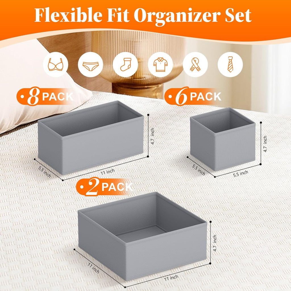 Drawer Organizer Clothes, 16 Pack Drawer Organizers and Underwear Organizer for Nursery, Dividers Clothes Organizer, Closet Organization and Foldable Storage Bins for Socks, Bra, Tie, Grey