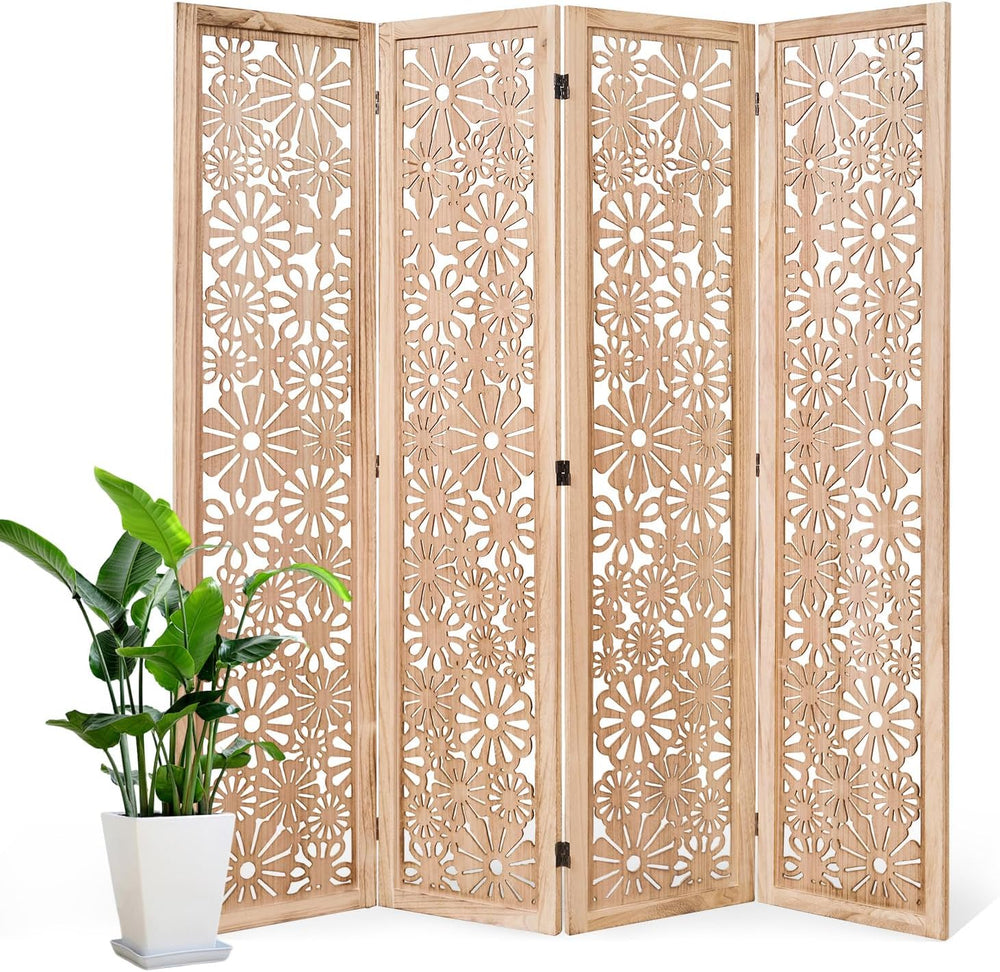 Folding Wood Room Divider Panel, 67 Inch Tall Daisy-Carved Privacy Screen - N...