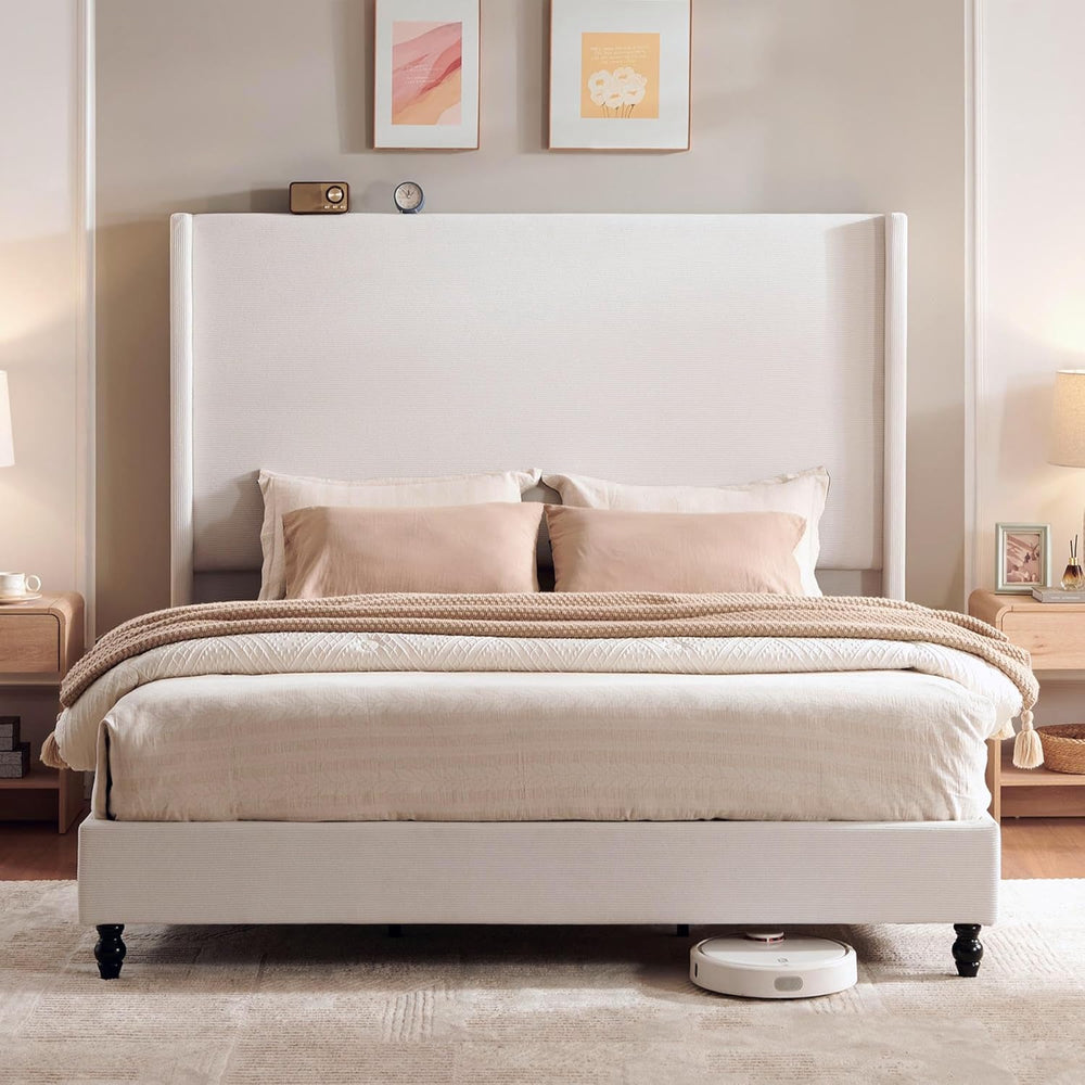 LUXOAK King Upholstered Bed Frame with 65" Headboard & Wingback, Cream