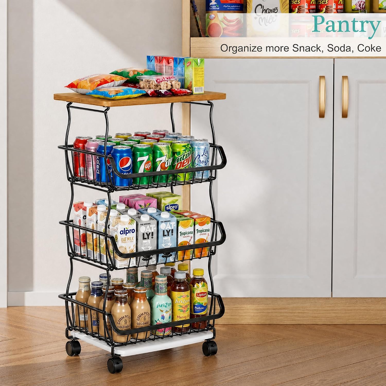 VECELO 4-Tier Fruit Basket with Wheels, Fruit and Vegetable Storage Cart for Kithchen, Stackable Produce Organizer Wire Baskets for Kitchen, Pantry, Living Room