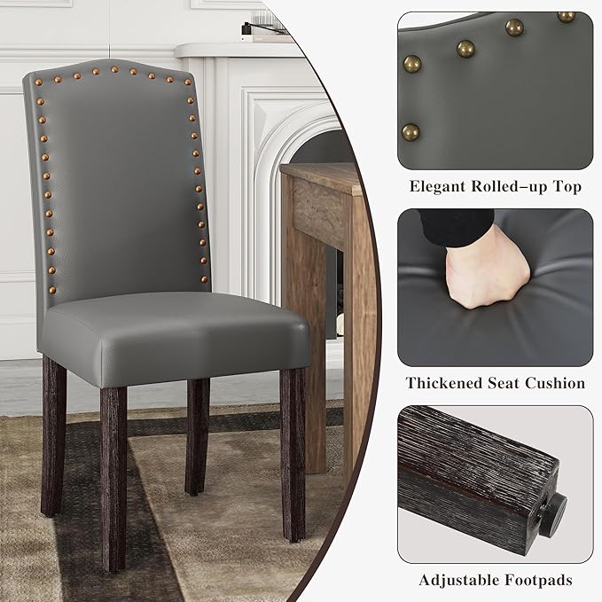 LSSBOUGHT PU Dining Chair, Kitchen Chair with Copper Nails and Solid Wood Legs for Dining Room,Restaurant (Light Grey, 2PCS)