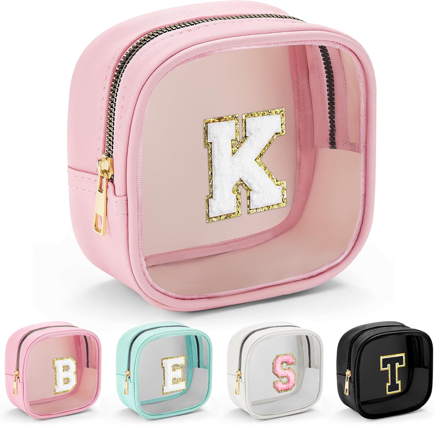 YOOLIFE Mini Initial Makeup Bag | Clear Makeup Bag | Preppy Cosmetic Bags Travel Essentials Gifts for Women Teen Girlfriend Teacher Birthday Clear Toiletry Bag Small Cosmetic Bag for Purse Pink K