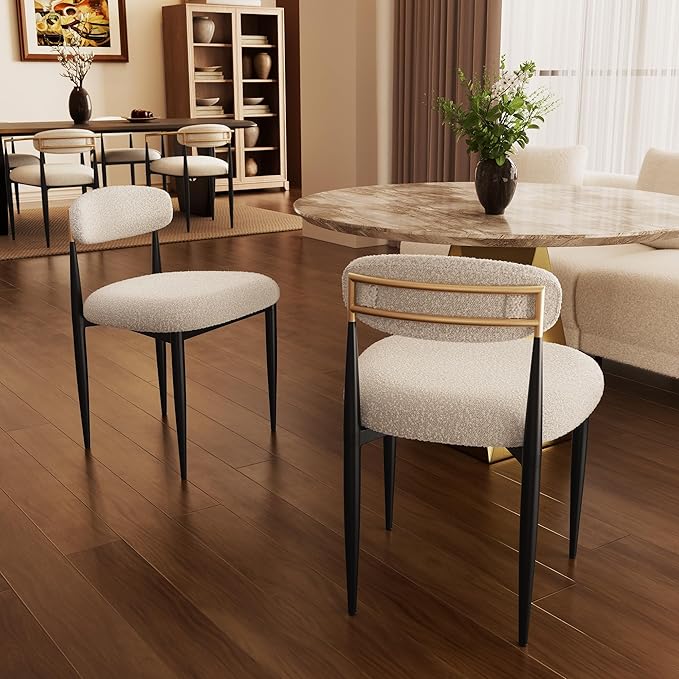 Morden Fort Modern Dining Chairs Set of 2, White Armless Chairs with Curved Backrest and Black Metal Legs for Dining Room, Kitchen and Apartment