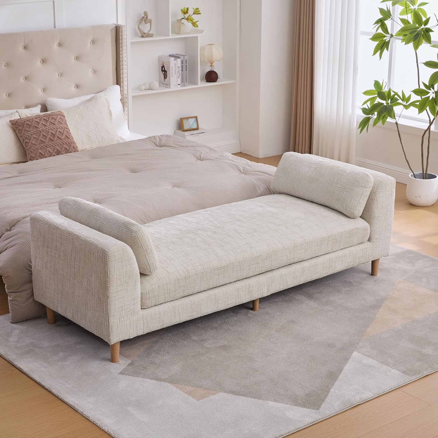 mikibama 83.1" Extra Long Ottoman Bench for Bedroom,Oversized Chenille Upholstered Chaise Lounge Sofa Benches,Modern End of Bed Bench with Arms,Lounger Daybed Couch with Pillows (Beige)