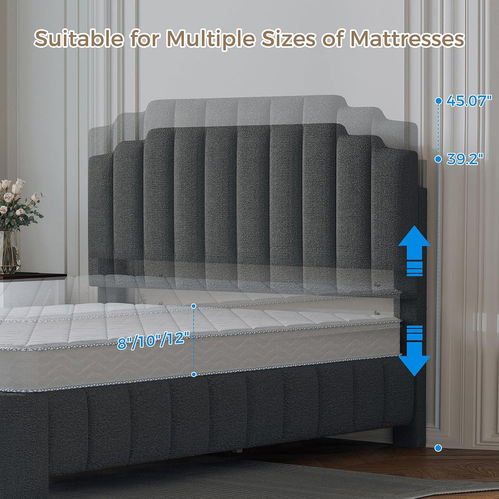 Queen Size Bed Frame with Adjustable Headboard, Grey Boucle Bed Frame