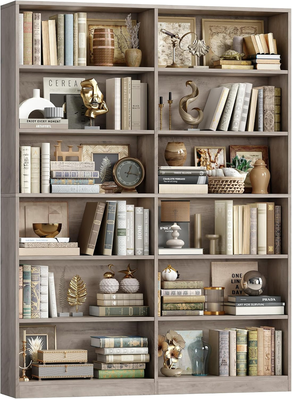 FACBOTALL Bookshelf Tall Bookcase, 6-Tier Double Wide Bookshelves,Wash Grey