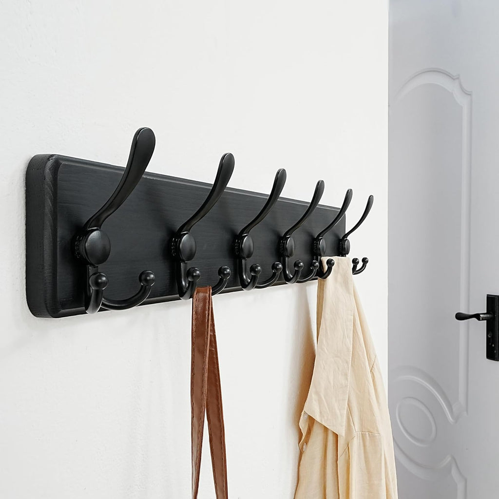 Dseap Coat Rack Wall Mounted - 24" Long 6 Tri Hooks, Heavy Duty Wooden Wall Coat Hanger Coat Hook for Clothes Hat Jacket Clothing, Black, Pack of 2