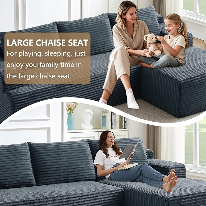96.1" Modular Sectional Sofa Couches L-Shape Couch 3 Seat Modular Sofa Corduroy Memory Foam Sectional Boneless Couches for Living Room, Cloud Couch with Oversized Chaise(Dark Gray, Right Facing)