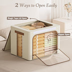 Yecaye Clothes Storage Bins with Metal Frame, Foldable Clothing Storage Bin with Lid, Stackable Oxford Fabric Organizer Box With Clear Window & Zippers & PU Leather Handles (3 Pack,Beige,66L)
