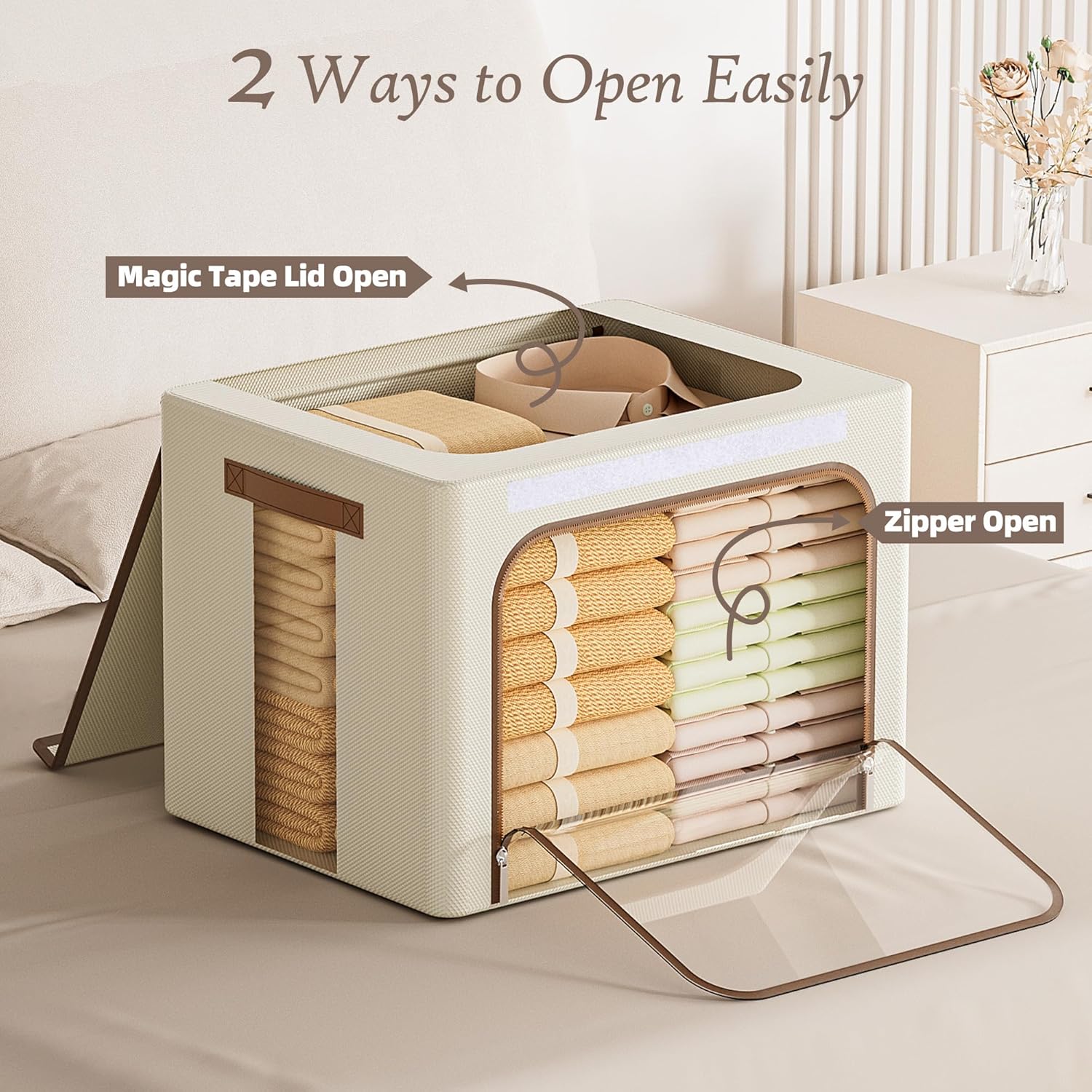 Yecaye Clothes Storage Bins with Metal Frame, Foldable Clothing Storage Bin with Lid, Stackable Oxford Fabric Organizer Box With Clear Window & Zippers & PU Leather Handles (3 Pack,Beige,66L)