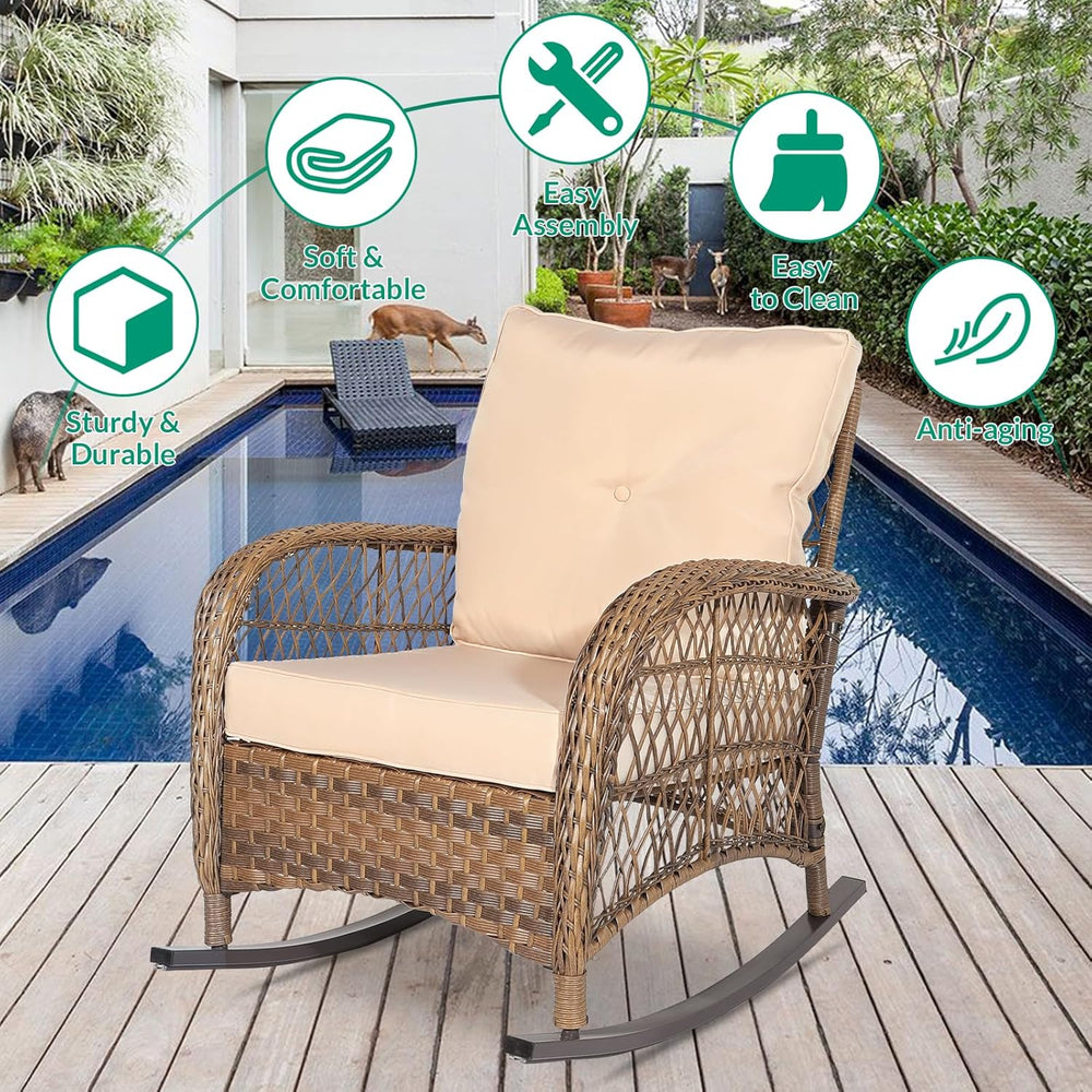 VIVIJASON Outdoor Wicker Rocking Chair, Patio Rattan Rocker Chair with Cushio...