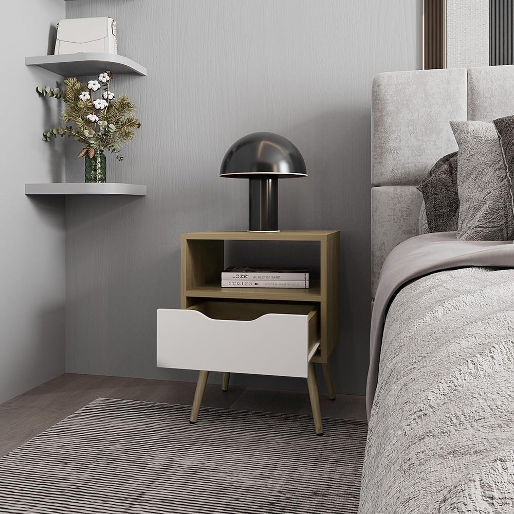 Nightstand with Open Storage, Natural Oak and White,for Small Spaces