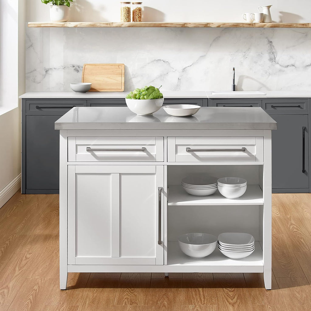 Crosley Furniture Silvia Stainless Steel Top Kitchen Island, Microwave Stand, Coffee Bar, with Shelves, White