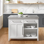 Crosley Furniture Silvia Stainless Steel Top Kitchen Island, Microwave Stand, Coffee Bar, with Shelves, White