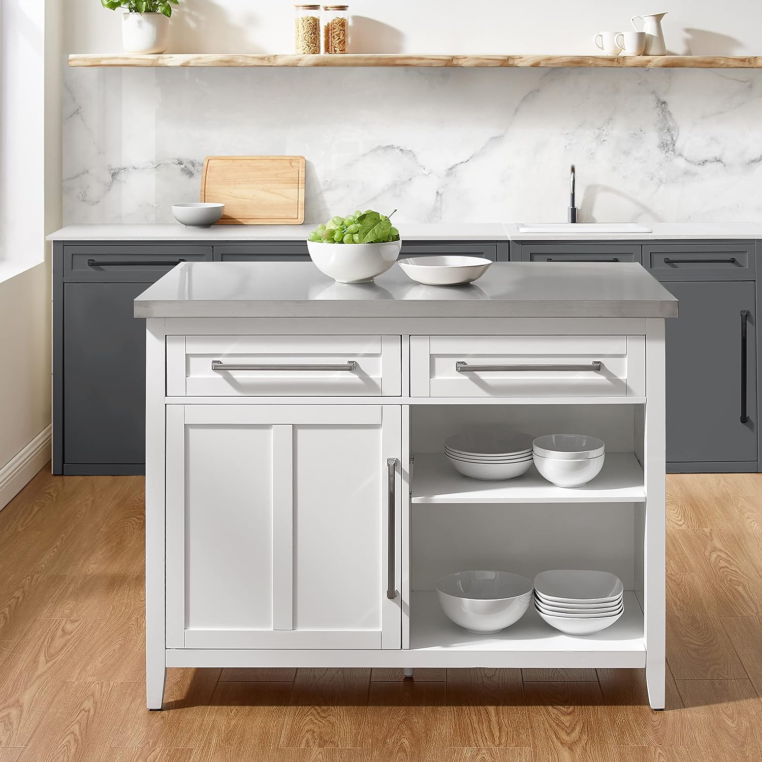 Crosley Furniture Silvia Stainless Steel Top Kitchen Island, Microwave Stand, Coffee Bar, with Shelves, White