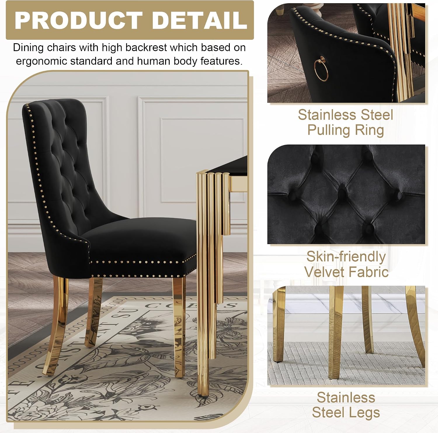 9 Piece Glass Dining Table Set for 8, 81" Rectangle Kitchen Table with 8 Black Velvet Upholstered Chairs, Tempered Glass Tabletop with Stainless Steel Legs, for Kitchen and Dining Room, Gold Black