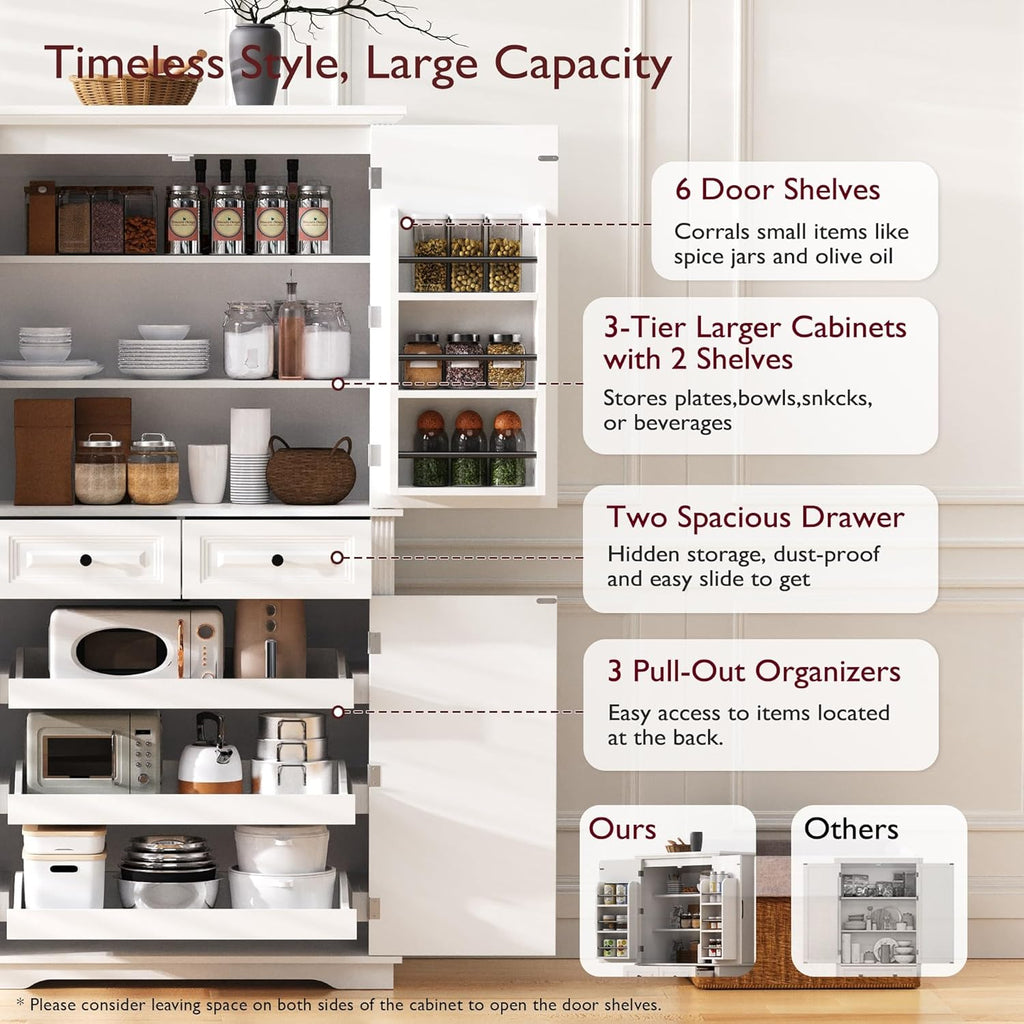 Ball & Cast 71" Farmhouse Kitchen Pantry Cabinet with 3 Pull-Out Organizers, Tall Storage Cabinet with 4 Doors, 2 Drawers, 6 Door Shelves & Adjustable Shelves, Freestanding Cupboard, White