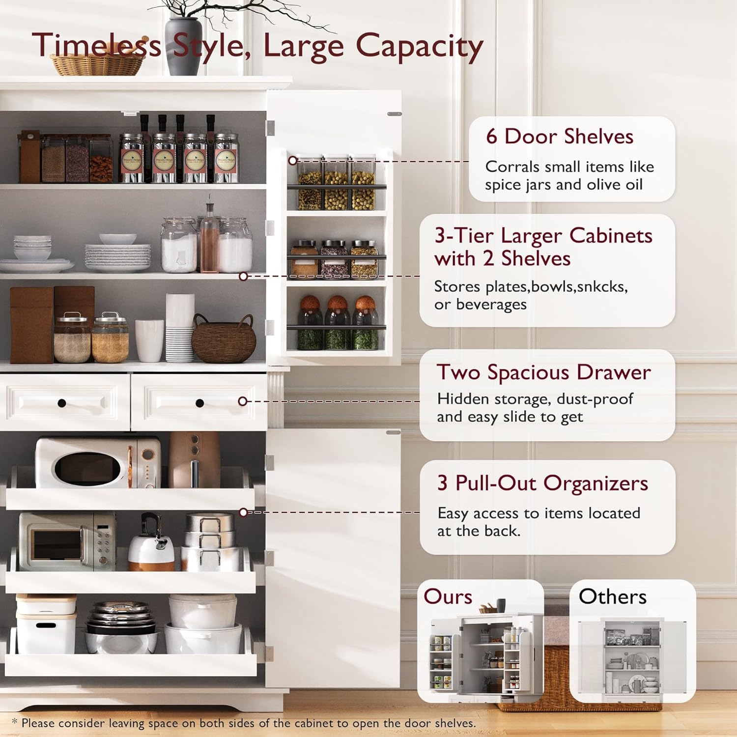 Ball & Cast 71" Farmhouse Kitchen Pantry Cabinet with 3 Pull-Out Organizers, Tall Storage Cabinet with 4 Doors, 2 Drawers, 6 Door Shelves & Adjustable Shelves, Freestanding Cupboard, White