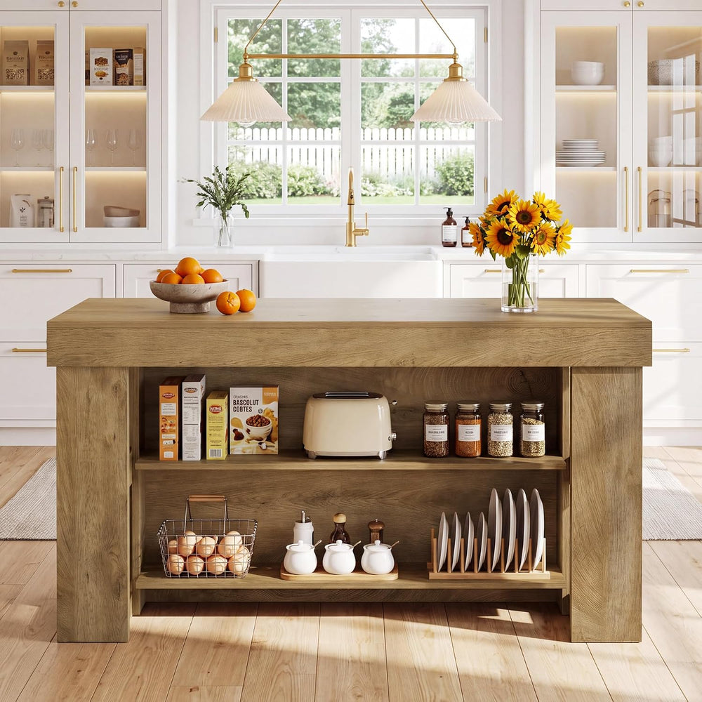 Tribesigns 55-Inch Kitchen Island with 2 Storage Shelves and Seating | Farmho...