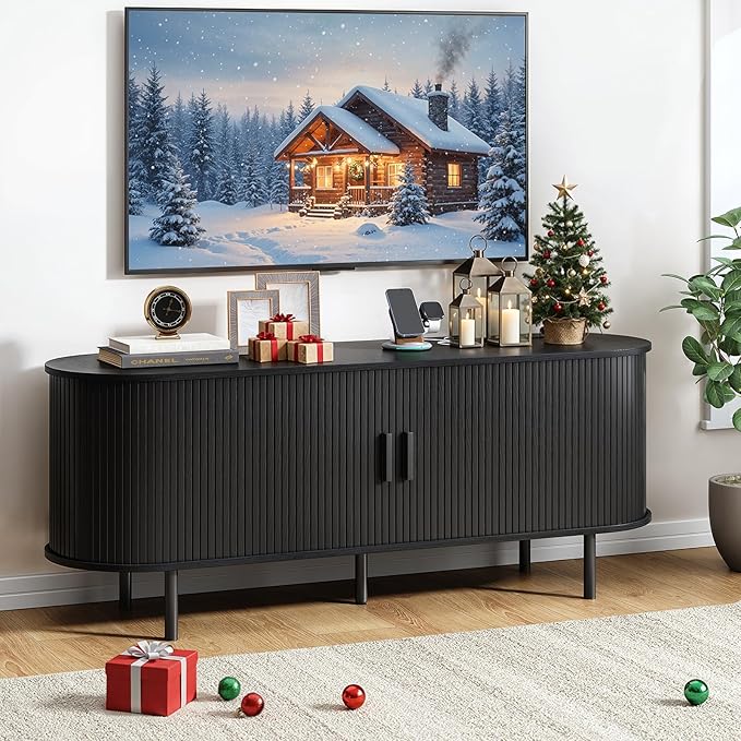 55" TV Stand with Power Outlet, Modern Media Console with Sliding Doors, Entertainment Center for TVs up to 60 Inch, Adjustable Shelves, Black