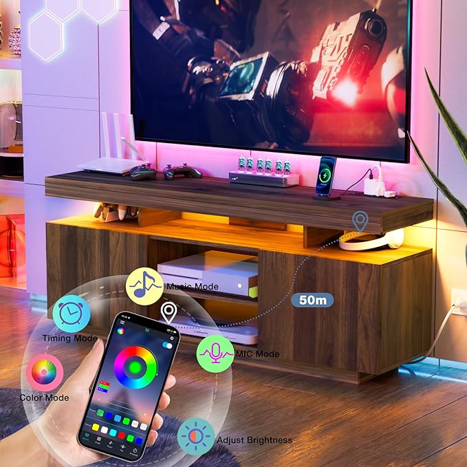 HOMMPA Modern LED TV Stand for 65/60/55 inch TV with Power Outlets, Gaming Console Storage Entertainment Center with LED Lights Game Cabinet for Living Room Walnut
