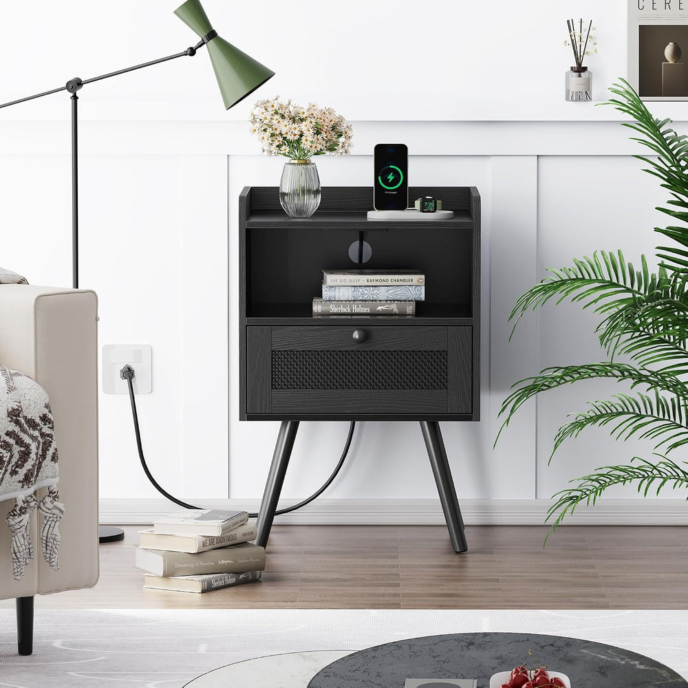 SUPERJARE Nightstands with Charging Station, Bedside Table Set of 2 with Texi...