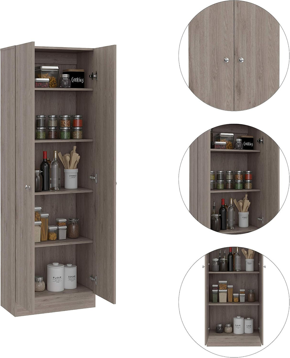 Modern Kitchen Pantry, Gray Storage Cabinet with 5 Shelves & Double Door,...